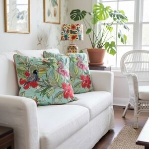 Tropical Birds Flamingo Toucan Embroidered Pillow Sham Vibrant Accent Cushion